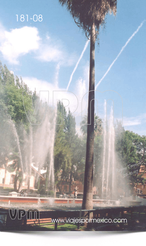 Otra vista de las Aguas danzarinas con su palmera al frente en el Parque Museo de las tres Centurias en Aguascalientes, Ags. México